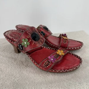 Spring step sandals heels womens 39 8.5  red floral leather artsy  summer beach - Picture 1 of 5