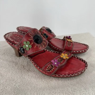 Spring step sandals heels womens 39 8.5  red floral leather artsy  summer beach - Image 1 of 4