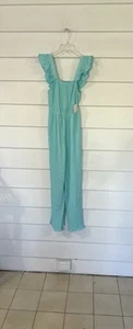 Zara Girls Blue Teal Smocked Ruffle Back Straight Leg Jumpsuit 13 14 years y792B - Picture 1 of 17