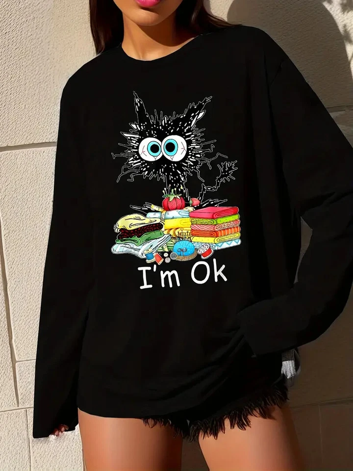 Camiseta de algodón de manga larga para mujer con estampado de gato de anime | 100 % algodón informal Foto 1 de 4