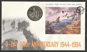 GUERNSEY 1994 SPITFIRE M/SHEET SGMS638 ON COVER WITH GUERNSEY SPECIAL £2 COIN - Bild 1 von 1