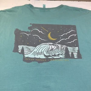 OCEAN SHORES WASHINGTON Waves Art Night Sky TEE T SHIRT Mens XL Green  - Picture 1 of 4
