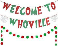 Red and Green Welcome to Whoville Banner, Grinch Christmas Party Decorations Dsk
