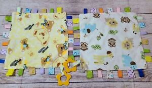 Zoomy Minky Dot Baby Lovey Security Blanket Lot of 2 Green Yellow Jungle Animals