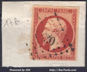FRANKREICH REICH 80c KARMIN Nr. 17A mit PC-STEMPELUNG AUF FRAGMENT - Bild 1 von 2
