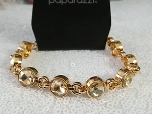 Paparazzi Gold Iridescent Rhinestones Tennis Bracelet Gold faceted Clear Stones - Picture 1 of 10