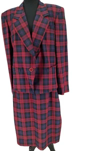 Gilmor Woman Red Blue Plaid Vtg New Suit Size 18 Jacket Pencil Skirt Lined Slit - Picture 1 of 16