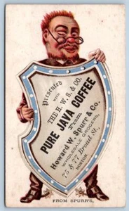 1880 HOWARD SPURR PURO CAFÉ JAVA BOSTON AZUL ESCUDO HOMBRE TARJETA DE COMERCIO VICTORIANA - Imagen 1 de 2
