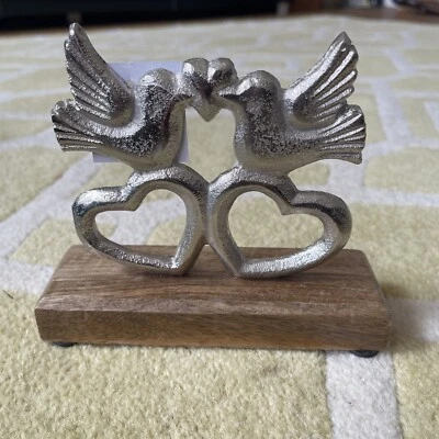Ornamento de pombinhos, madeira e prata presente de pássaro do amor - Imagem 1 de 2