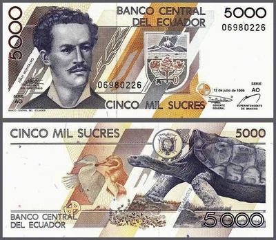Ecuador 5000 Sucres 1999, aUNC/UNC, P-128, Prefix AO - Image 1 of 3