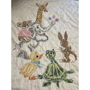 Vtg Handmade Cross Stitch Quilt 56”x 37” White Animals Crib Baby Blanket - Picture 1 of 19