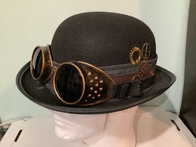 STEAMPUNK BLACK DERBY ROUND HAT CAP With GOGGLES Rotary Wheels ADULT ONE SIZE - Image 1 of 4