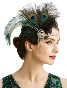 1920s Flapper Headband with Feathers - Great Gatsby Accessory - Picture 1 of 12