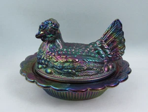 Vintage Iridescent Purple/Blue Carnival Glass Hen Chicken on Nest Covered Dish - Picture 1 of 9