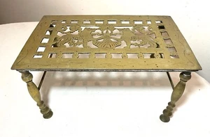 rare antique 18th century engraved pierced brass lion fireplace footman trivet - Picture 1 of 15