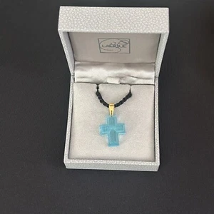 LALIQUE Cross Pendant Light Blue Necklace Crystal Glass Fashion Accessory Used - Picture 1 of 5