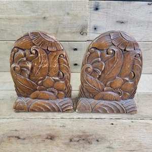 Vintage BOOKENDS Pair ORNAWOOD Syrocco Flowers and Leaves Book Ends MCM - Picture 1 of 8