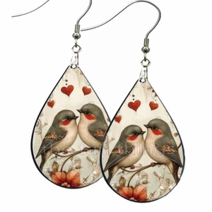 Vintage Springtime Flowers & Love Birds Dangle Earrings Teardrop NO TARNISH Wood - Picture 1 of 8