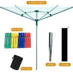ROTARY AIRER 50M OUTDOOR 4 ARM CLOTHES WASHING LINE DRYER GROUND SPIKE & COVER