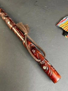 Old New Zealand Carved Wooden Walking Stick with inlaid Paua Shell - Picture 1 of 6