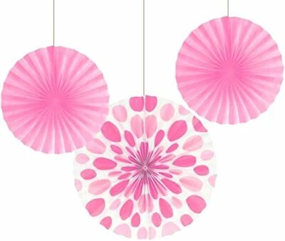 Creative Converting 3-Count Solid and Polka Dots Paper Fans, 12"/16", Candy Pink - Image 1 of 2