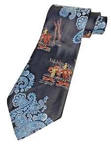 Vintage Necktie 70's Swing Wide Neck Tie Paisley Cowboy With Horse Brown Blue - Picture 1 of 4