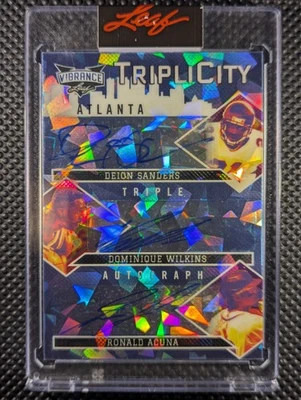 1/1 Triple Auto Deion Sanders Ronald Acuña Jr Dominique Wilkins 2022 Vibrance SP - Image 1 of 3