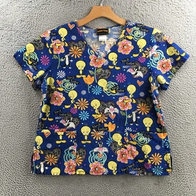 Looney Tunes Scrub Tops Womens Large Blue TWEETY SILVESTER Vneck Short Sleeves - Image 1 of 4