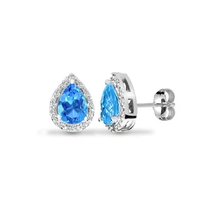 9ct White Gold Jewelco London Diamond Blue Topaz Happy Tears Halo Stud Earrings - Picture 1 of 3