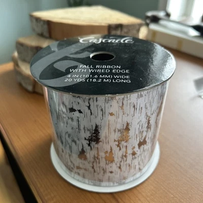 NEW 4”x20yds Wired Ribbon White & Silver Birch Bark Pattern By Cascade Ribbon Co - Image 1 of 4