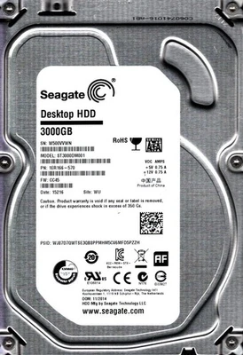 ST3000DM001 P/N: 1ER166-570 F/W:  S/N: W500V  3TB NOV 2014 CHINA SEAGATE - Image 1 of 2