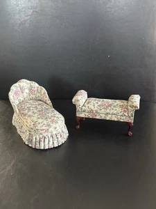 Vtg Dollhouse Miniatures Queen Anne Chaise Lounge & Bench Floral 1:12. *NEW* - Picture 1 of 11