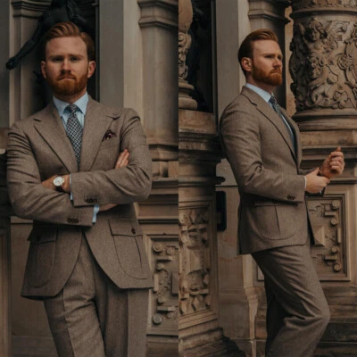 Brown Business Men Suits Tweed Wool Blend Regular Fit Formal Prom Notch Lapel - Image 1 of 4