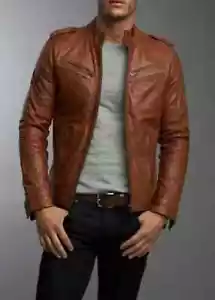 Men's Real Lambskin Tan Brown Leather Motorcycle Jacket Slim fit Biker Jacket - Picture 1 of 3