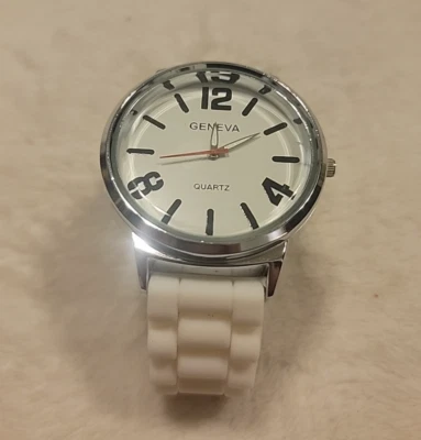 Ladies Geneva Quartz Trendy Silver Tone White Silicone Strap Analog Watch - Image 1 of 4
