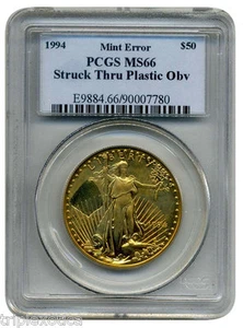 1994 PCGS MS66 $50 Gold Eagle Unique Gold $50 Mint Error Struck thru PLASTIC ! - Picture 1 of 2