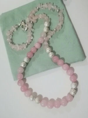 COLLANA DONNA IN QUARZO ROSA NATURALE CON SFERE IN ARGENTO DIAMANTATO HANDMADE - Immagine 1 di 4