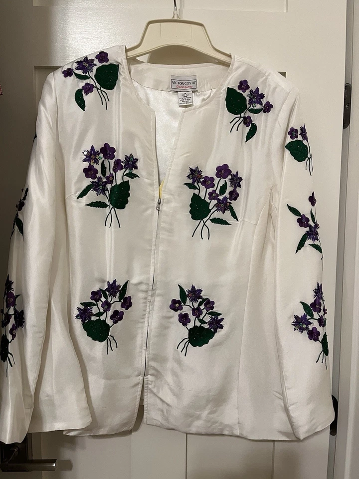 NUEVA CHAQUETA VICTOR COSTA SEDA BLANCO MARFIL AFRICANO VIOLETA CUENTAS IX MUJER QVC Foto 1 de 4