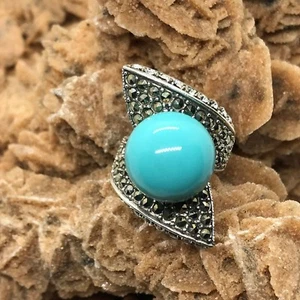 Großer Ring mit Markasiten besetzt Sterlingsilber und Türkis - Größe 6 - Bild 1 von 4