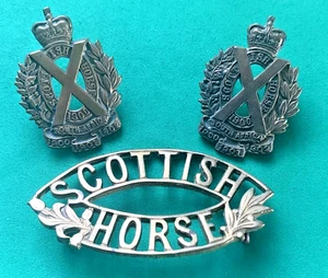 SCOTTISH HORSE YEOMANRY - BRASS COLLAR BADGES AND SHOULDER TITLE - Picture 1 of 2