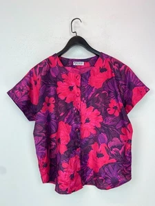 Orn Thai Silk Pink Purple Floral Button Blouse Round Neck Short Sleeve Size 16 - Picture 1 of 7