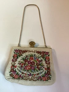 Vintage 1950s Needlepoint Embroidered White Floral Small Handbag With Clasp VGC - Picture 1 of 13