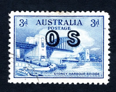 AUSTRALIA 1932 3d BLUE HARBOUR BRIDGE STAMP OVERPRINTED OS - CV $20 - image 1 of 2