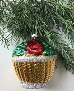 Vtg West Germany Blown Glass Fruit Basket Christmas Ornament 3.25” Glitter Mica - Picture 1 of 7