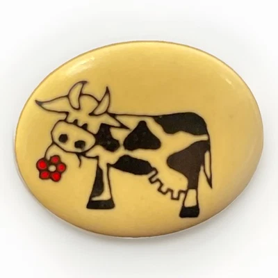 Broche prendedor sombrero solapa ovalado miniatura Holstein vaca roja flor en boca cerámica Foto 1 de 4