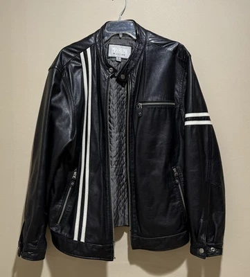 Wilsons Leather M. Julian Men L Cafe Racer Jacket Black Stripes Moto Biker FLAW - Image 1 of 4