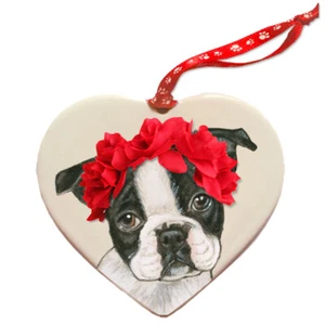 Boston Terrier Porcelain Valentine's Day Heart Ornament Double-Sided - Picture 1 of 2