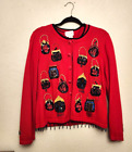 Just B. Red Cardigan Sweater Applique Purses Embellished Bead Fringe Sz XL