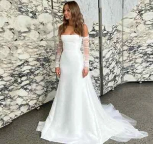 Satin Wedding Dresses Boat Neck Detachable Full Sleeve Strapless Bridal Gowns - Picture 1 of 3