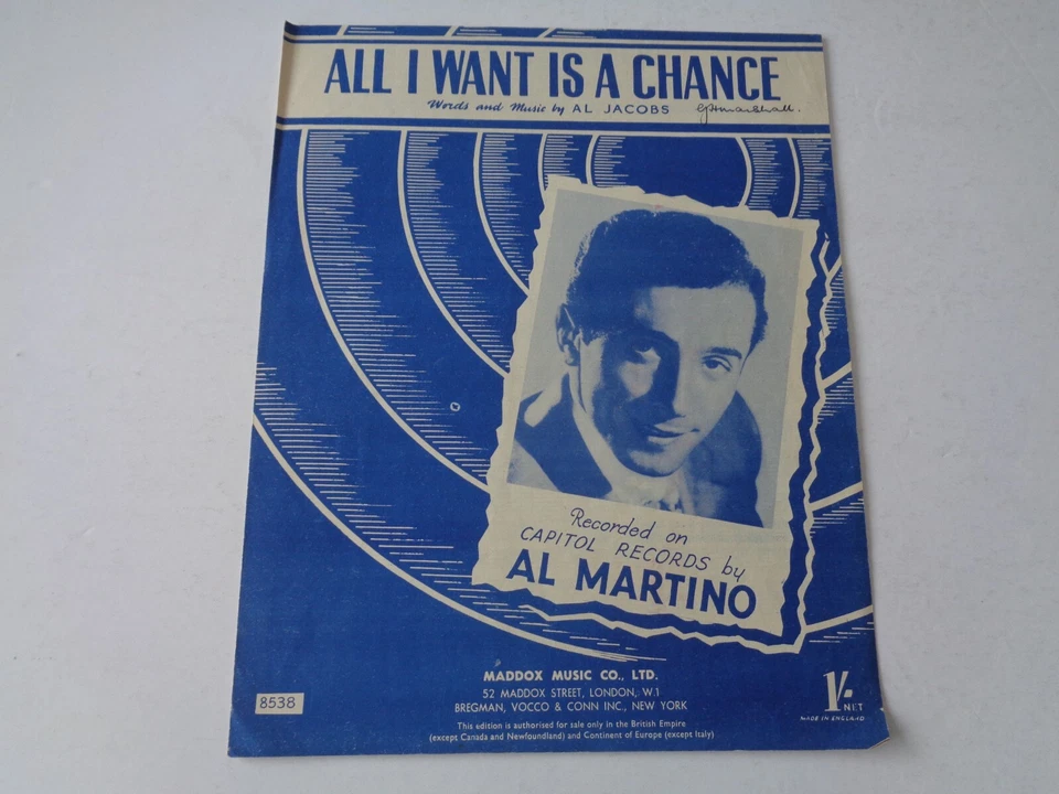 SHEET MUSIC - ALL I WANT IS A CHANCE - AL MARTINO - 1953 - Image 1 of 1